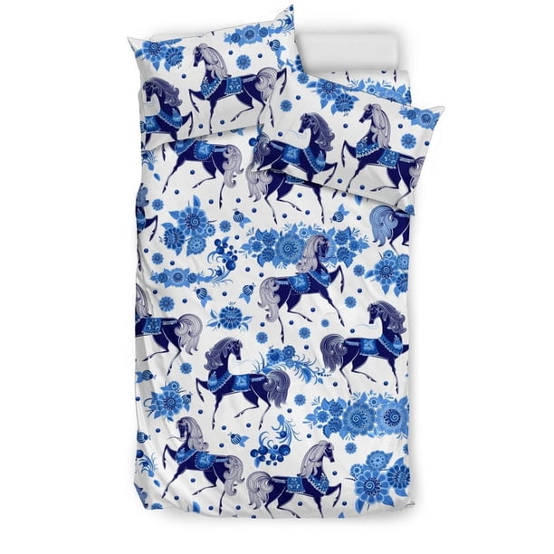 Juego de cama con estampado de flores de caballo en azul