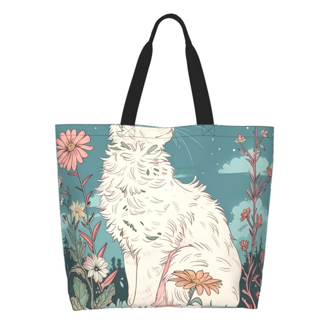 Balery Celestial Cat And Flowers Bolsa Tote Estilo Estético con Cremalleras, Bolsa de Hombro, Bolsa de Compras Grande y Plegable