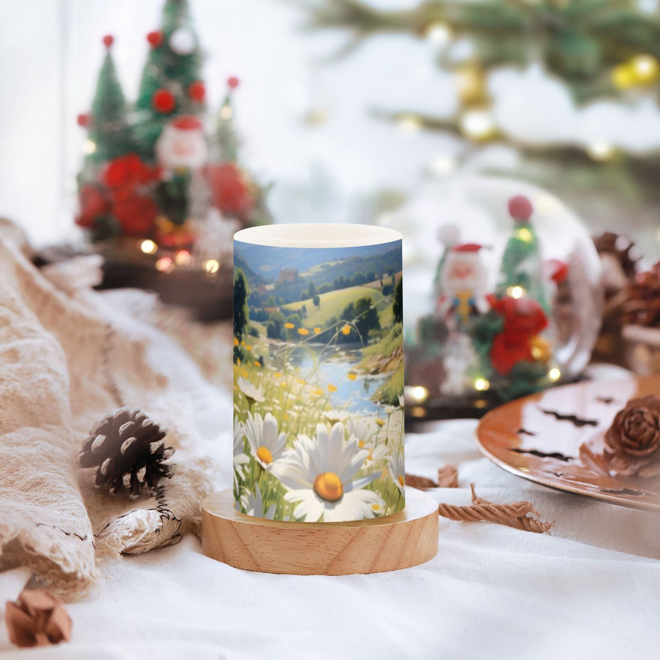 Spring Daisies Flickering Flameless Candles Battery Operated with Remote Timer LED Pillar Candles Set of 2