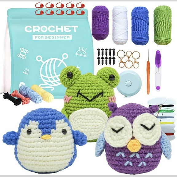 Crochet Kit for Beginners, 3 Animal Pattern Beginner Crochet Kits,Knitting Kit for all Ages with Video Tutorials(Owl, Penguin, Frog)