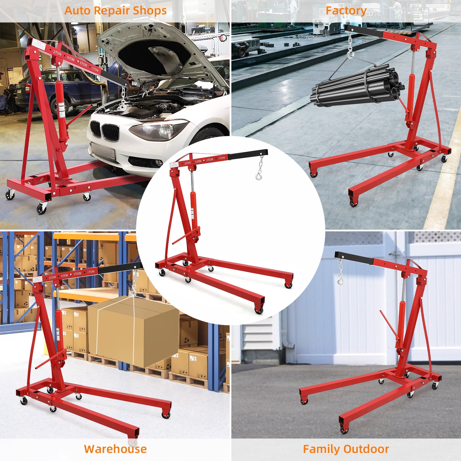 Mescukay 4400LBS Folding Engine Crane 2 Ton Engine Hoist Cherry Picker Hydraulic Shop Engine Shop Crane, Heavy Duty Engine Lift Garage Workshop Auto Repair Foldable Stand with 6 Caster