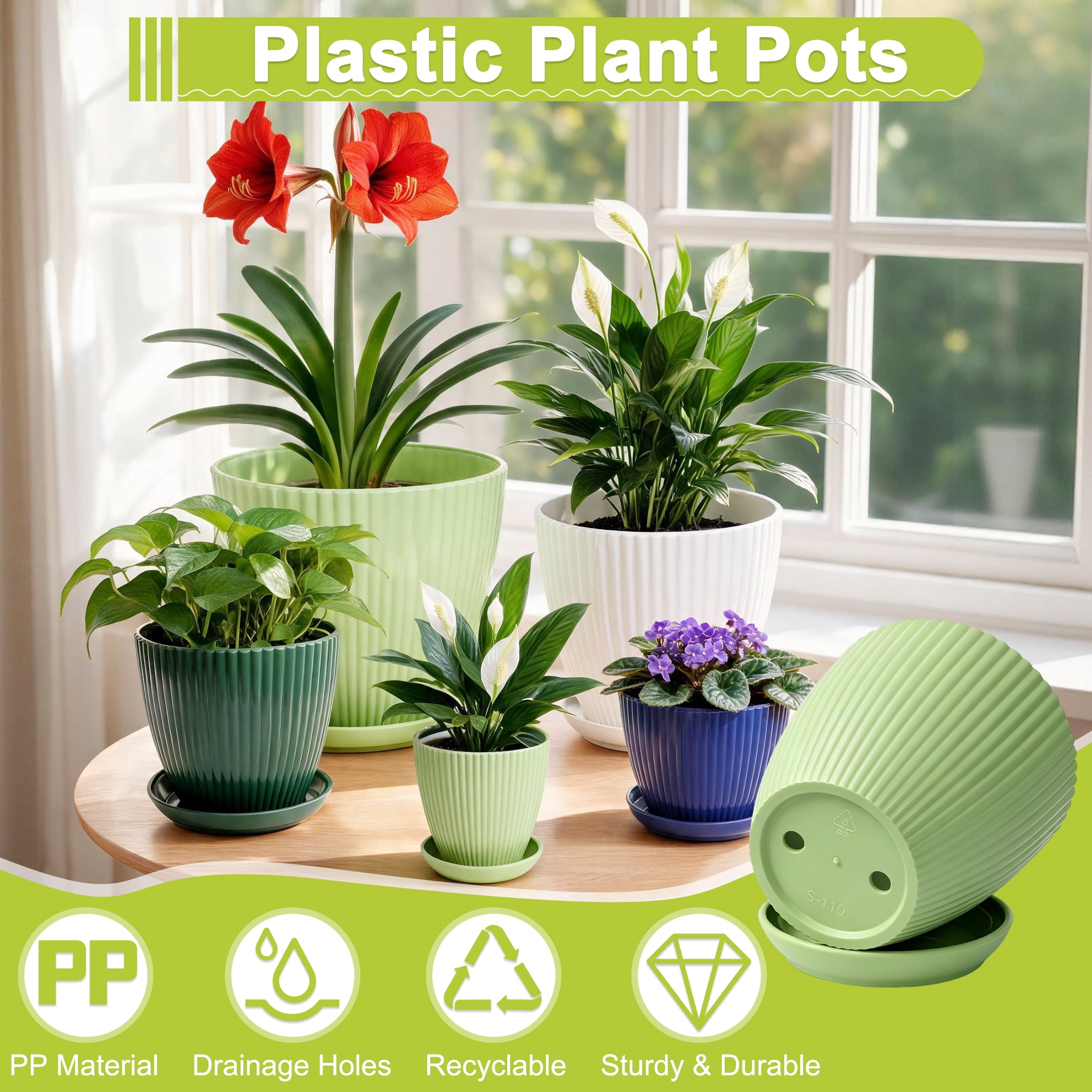 5 Pack Plastic Plant Pots with Drainage Holes and Saucers, Multi Size Indoor Planters, Vertical Ribbed Flower Pots for Succulents, Herbs, House Plants