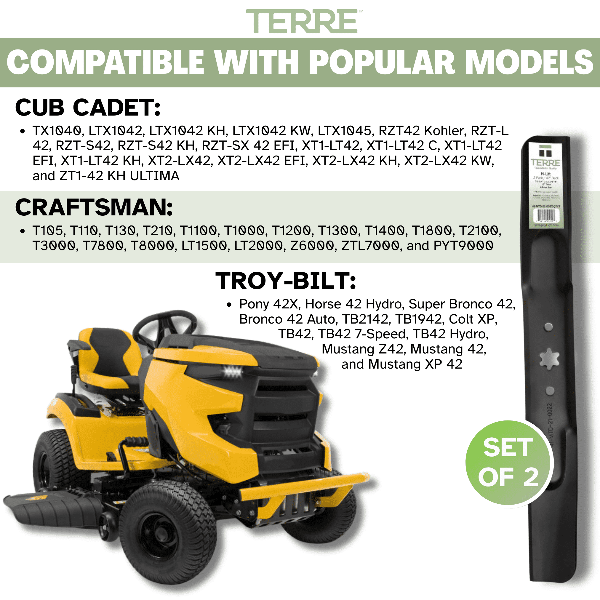 Terre High Lift Lawn Mower Blades, 42 Inch, for Cub Cadet, Troy Bilt, Craftsman