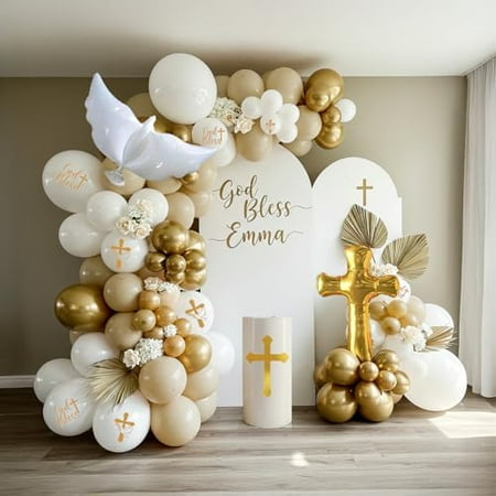 First Communion Decorations Baptism Decorations 127Pcs White Sand White and Gold balloons With Cross and Dove Balloon Balloon For First Holy Communion God Bless Christening Birthday Party Supplies