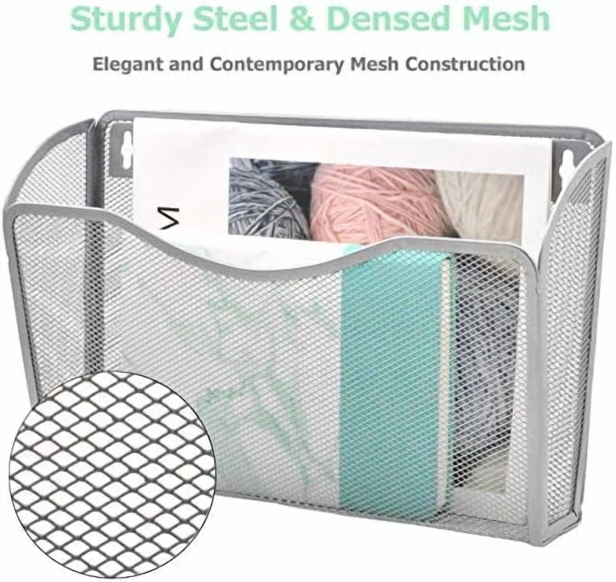 6 Single Pocket Mesh Hanging File Organizer, Vertical Wall Mounted Magazine File Holder, Mount Basket Mail Paper Document Folder Organizing for Office, Home and School, Silver