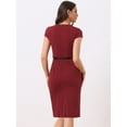 thumbnail image 4 of DARING DIVA Square Neck Cap Sleeve Belted Sheath Dress S Wine Red, 4 of 6