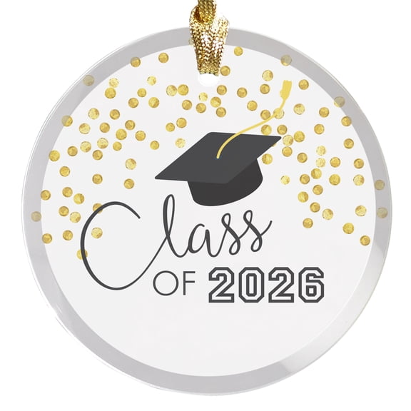 2026 Class Of Graduation With Cap And Gold Confetti Design Round Disc Ornament