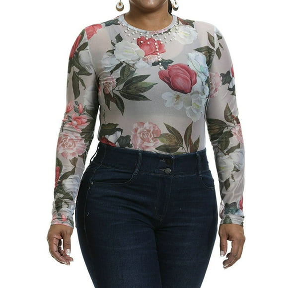 KVMeteor T-Shirts en Maille Florale Transparente Décontractés pour Femmes Grande Taille