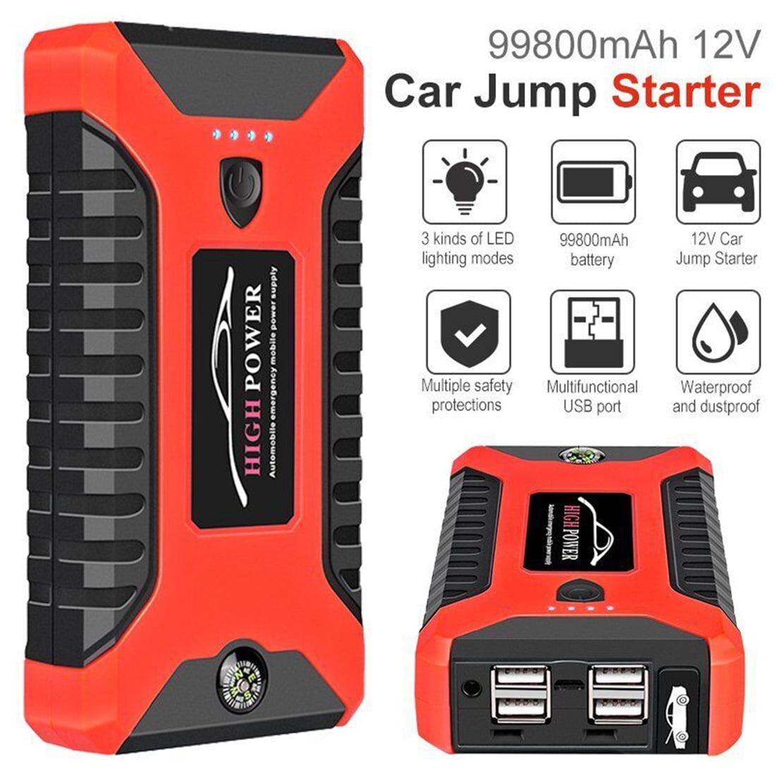 Car Jump Starter,Battery Jump Starter with USB Quick Charge(for All Gas or Diesel Engine) Charger Booster Powerbank Car, Portable Power Bank Charger with Built-in LED Bright Light