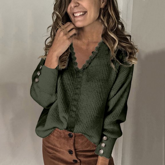 JIAYUE Sweaters For Women Solid Color Long Sleeve Drop Shoulder V-Neck Relaxed Fit Pullover For Ladies Casual Stylish Dailywear