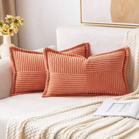 

MIULEE Coral Red Corduroy Pillow Covers 16x16 Inch with Splicing Set of 2 Super Soft Boho Striped Pillow Covers Broadside Decorative Textured Throw Pillows for Spring Couch Cushion Bed Livingroom