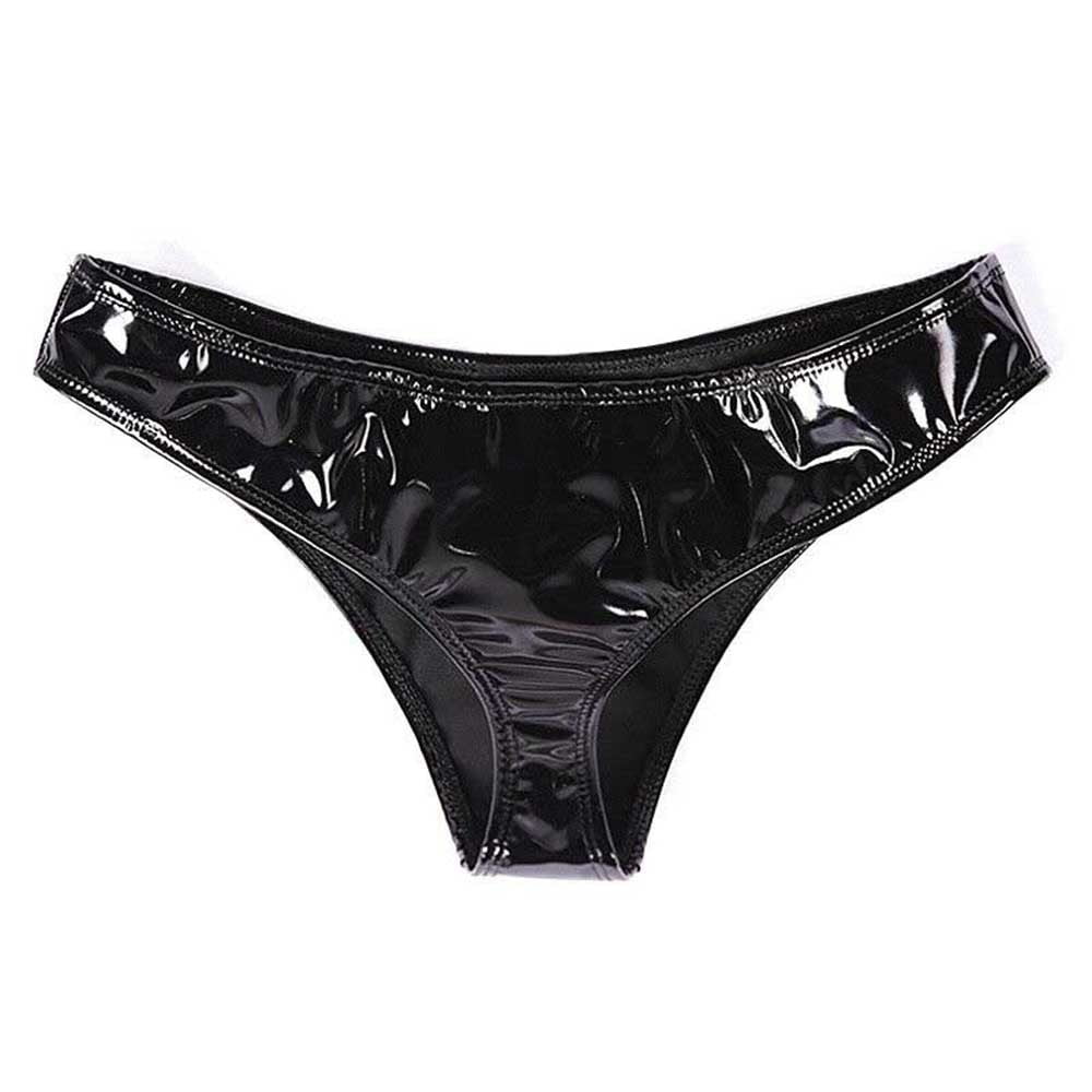 Women Wet Look Faux Leather Bikini Briefs Lace-up Crotchless Underwear Panties 