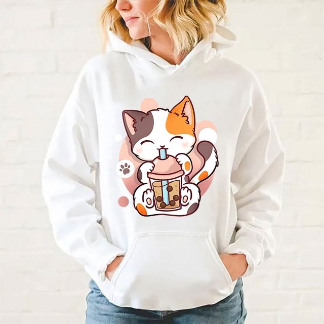 Sudadera con capucha con estampado divertido de gato Boba Tea, moda para mujeres y hombres, sudaderas informales, sudaderas con capucha para mujeres
