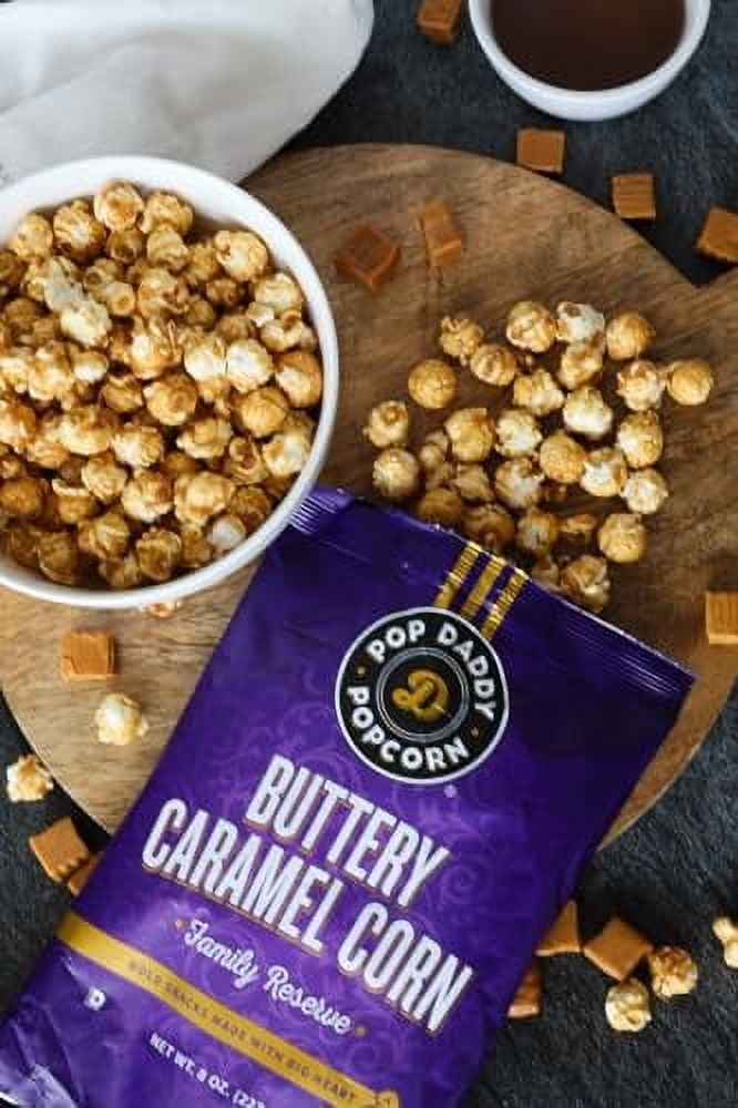 Pop Daddy Flavored Popcorn Gourmet, Buttery Caramel Flavor, Hand Seasoned Kernels Gluten Free Popcorn Snacks, 8oz Individual Bags, 3 Pack