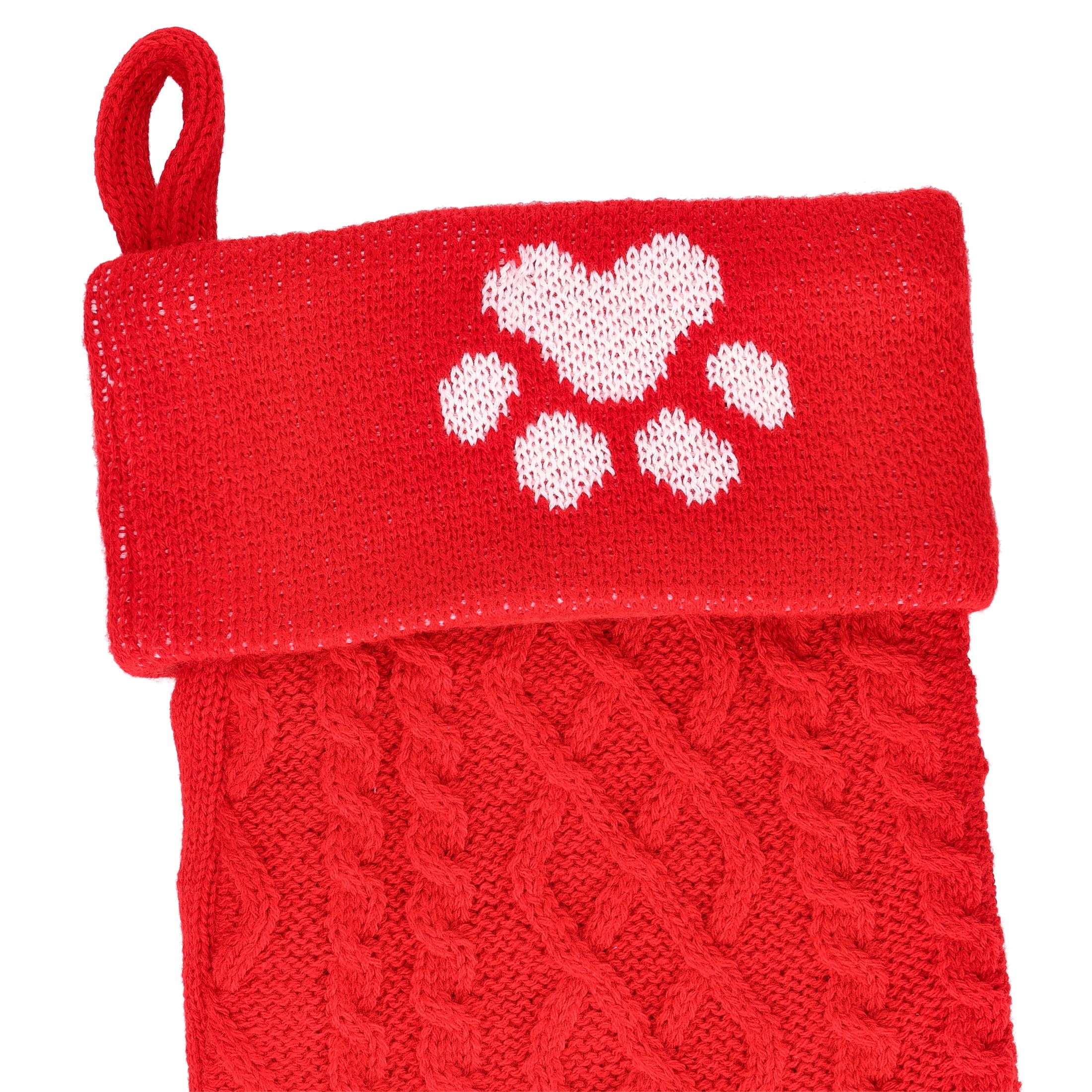 Cable Knit Paw Print Christmas Stocking, Red, 19", by Holiday Time