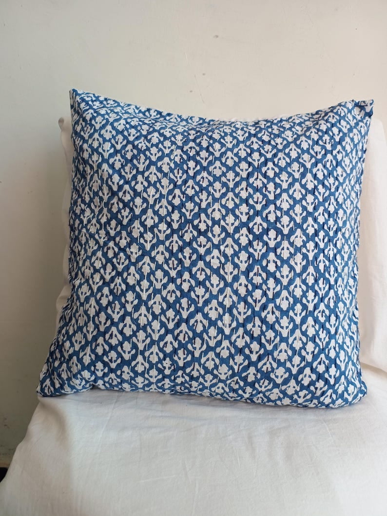 A And E Textiles House Premium Blue Floral Kantha Quilt, Hand Block Print Floral Indian Queen kantha Quilt, Bedspreads Queen Blue Quilt King, Housewarming Gift