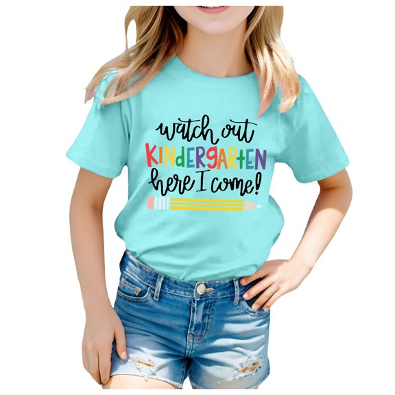 Miaju First Day Of School Girl 6t Shirts Round Neck Short Sleeve T-Shirt Cartoon Print Cute Tee Shirt Children's Shirts