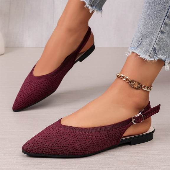 CHWshoes Slingback Flats for Women Pointed Toe Knit Ballet Flats Comfortable Breathable Adjustable Ankle Buckle Dressy Flats for Party Prom Dance,Wine Size 39