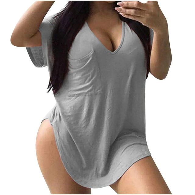 Yuyuzo Plus Size Tops for Women Oversized T Shirts Short Sleeve Shirts Deep V Neck Loose Fitted Tees Solid Color