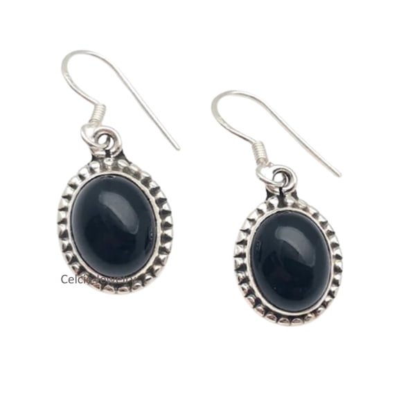 Solid 925 Sterling Silver Dangle Teardrop Earrings For Women, Genuine Black Onyx Cabochon Gemstone Beautiful Handcrafted Earrings For Her
