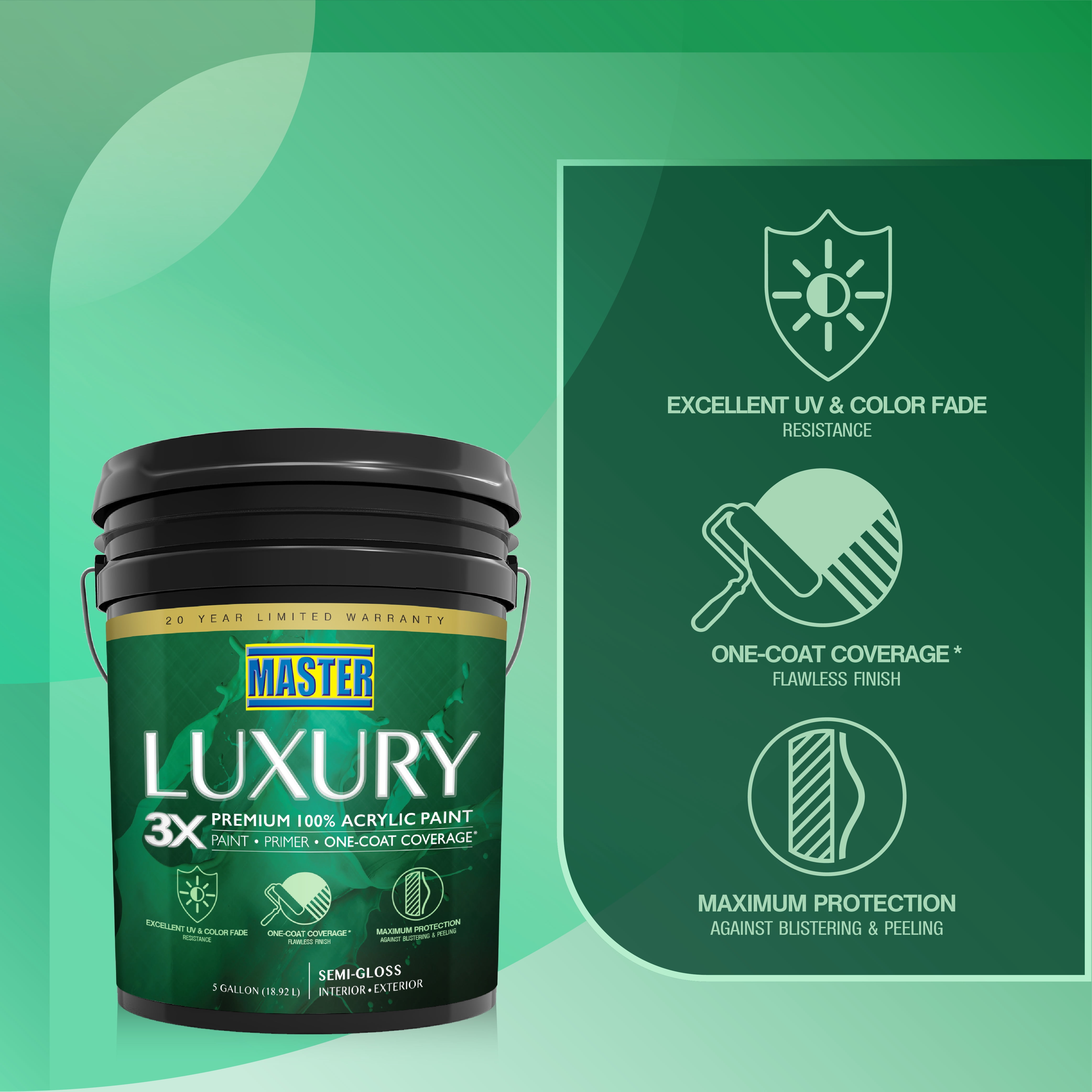 Master Luxury 3X Premium 100% Acrylic Paint Primer and One Coat Coverage Interior/ Exterior Semi Gloss White 5 gal
