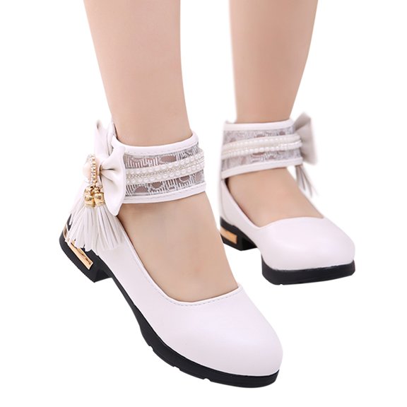GiLiling Girls Mary Jane Dress Shoes, Lace Pearl Ankle Cuff, Bowknot with Pearl Rhinestone Tassel Detail, Rear Zipper Low Heel Princess Flats for Party Wedding (White, 10.5-11 Years)
