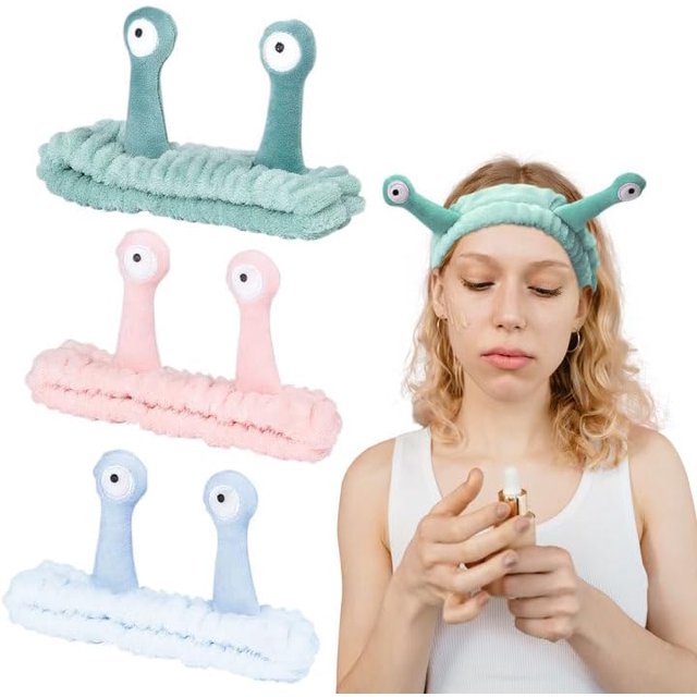 Paquete de 3 diademas de spa para mujeres, diadema para el cuidado de la piel, diadema de maquillaje con lindo caracol, diadema elástica de franela suave para lavar la cara, ducha, desmaquillado, más