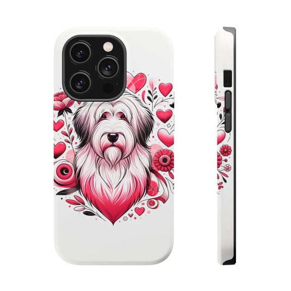 DistinctInk Tough Case for Apple iPhone 15 Pro MAX (6.7" Screen), Compatible with MagSafe Charging - Valentine's Day Old English Sheepdog