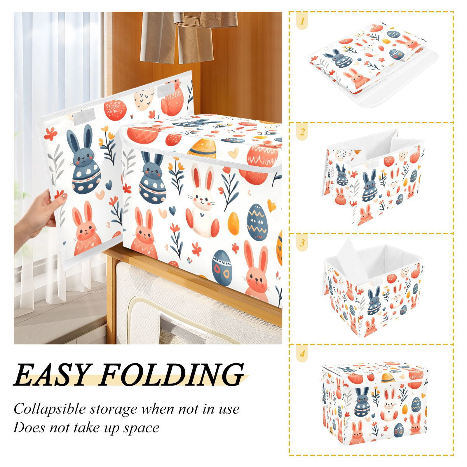 Easter Eggs with Rabbits Storage Basket for Shelves Foldable Container Organizer for Organizing Toys Clothes Books with Handles
