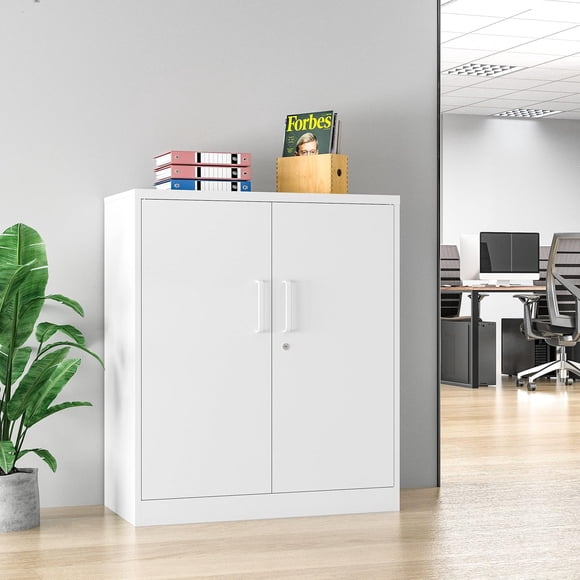 Metal Garage Storage Cabinet with Locking Door and 2 Adjustable Shelves, Lockable Steel File Cabinet, Black Counter Cabinet for Home, Office, Garage, Gym,35H