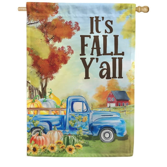 America Forever Happy Fall Y'all House Flag Fall Blue Truck Pumpkins 28 x 40 inch Double Sided Autumn Harvest Sunflowers Floral Farmhouse Seasonal Yard Outdoor Decoration