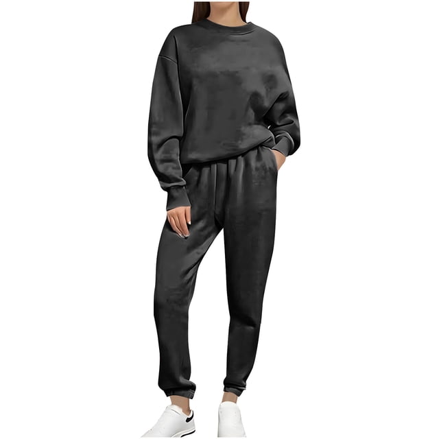 Timegard Ensembles de Sport 2 Pcs pour Femmes, Chandail à Col Rond Surdimensionné, Pantalon de Survêtement à Poches