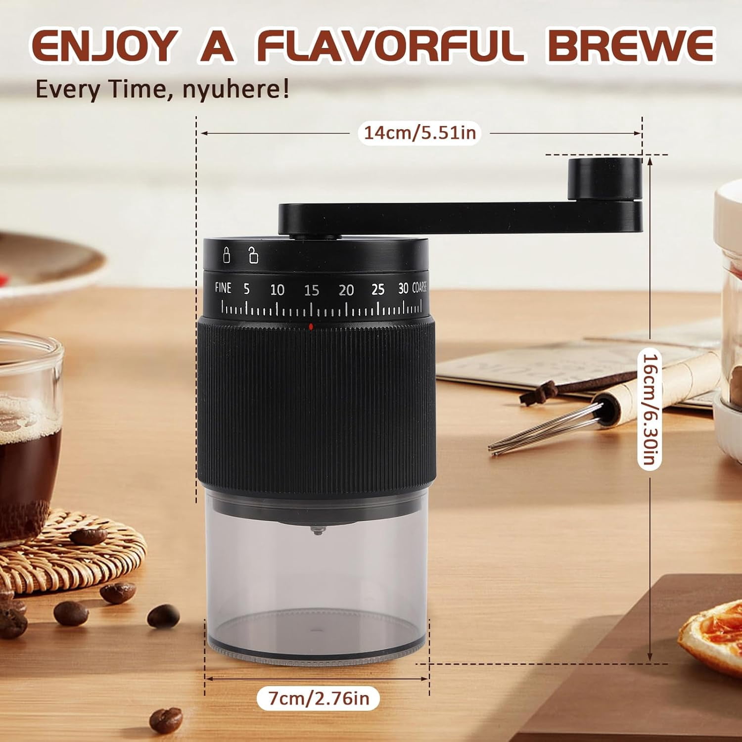 Manual Coffee Grinder - 95 Ceramic Burr, Adjustable Coarse to Fine, 30g Beans & 80ml Powder, Detachable Handle for Espresso, French Press, Camping (Black)