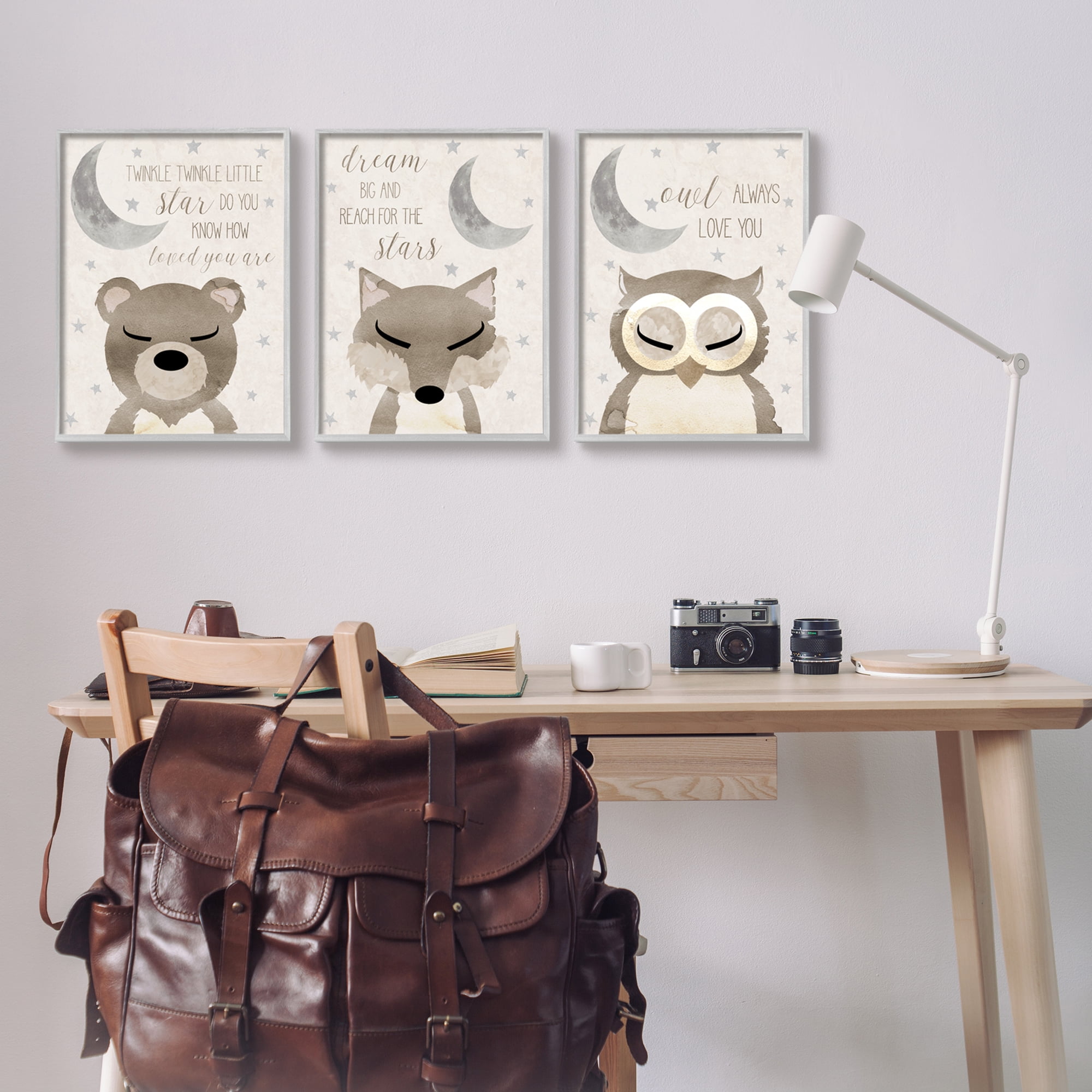 Stupell Industries Nighttime Animals & Lullabies Animals & Insects Painting Gray Framed Art Print Wall Art, 16 x 20, Set of 3