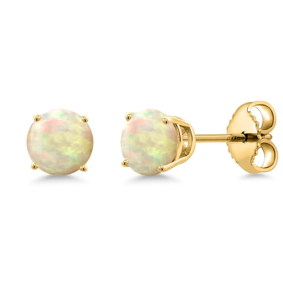 Gem Stone King 18K Yellow Gold Plated Silver White Ethiopian Opal Stud Earrings for Women | 1.12 Cttw | Gemstone October Birthstone | Round Cabochon 6MM