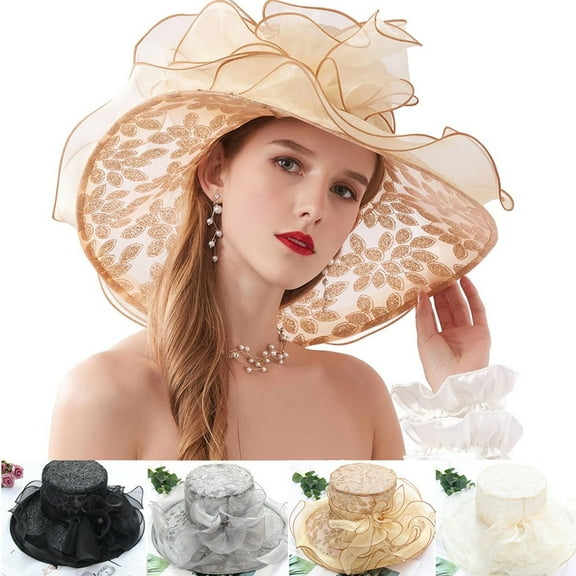 Women's Organza Church Hat- Fascinator Bridal Floral Tea Party Wedding Hat, Flower Wide Brim Sun Hat