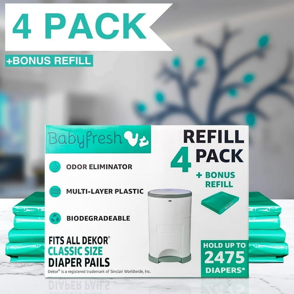 4+1 Pack Refill Bags for DEKOR CLASSIC Diaper Pails | 30% Thicker & Stronger | Fresh Powder Scent | Odor Control | Holds up to 2,475 Diapers | Durable, Leak-Proof, Easy to Use