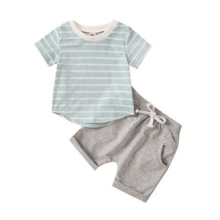 

Toddler Boys Summer Short Sleeve Striped Prints Tops Shorts 2PCS Outfits Clothes Set For Children Clothes Size 0 Months-3 Years