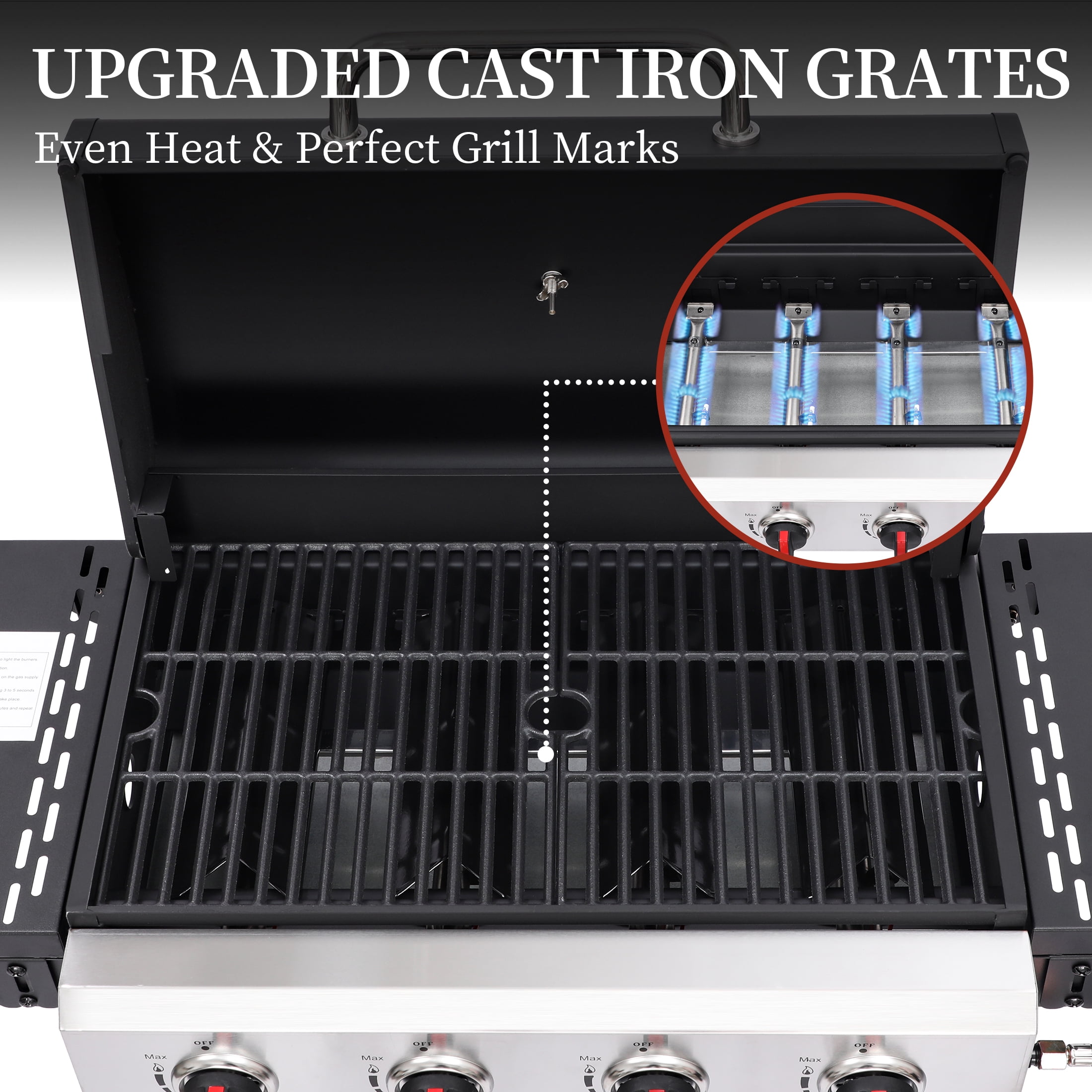 CIG GARDEN 4-Burner Propane Gas Grill with Folding Side Tables, Cast Iron Grates, and Stainless Steel Grill Pan