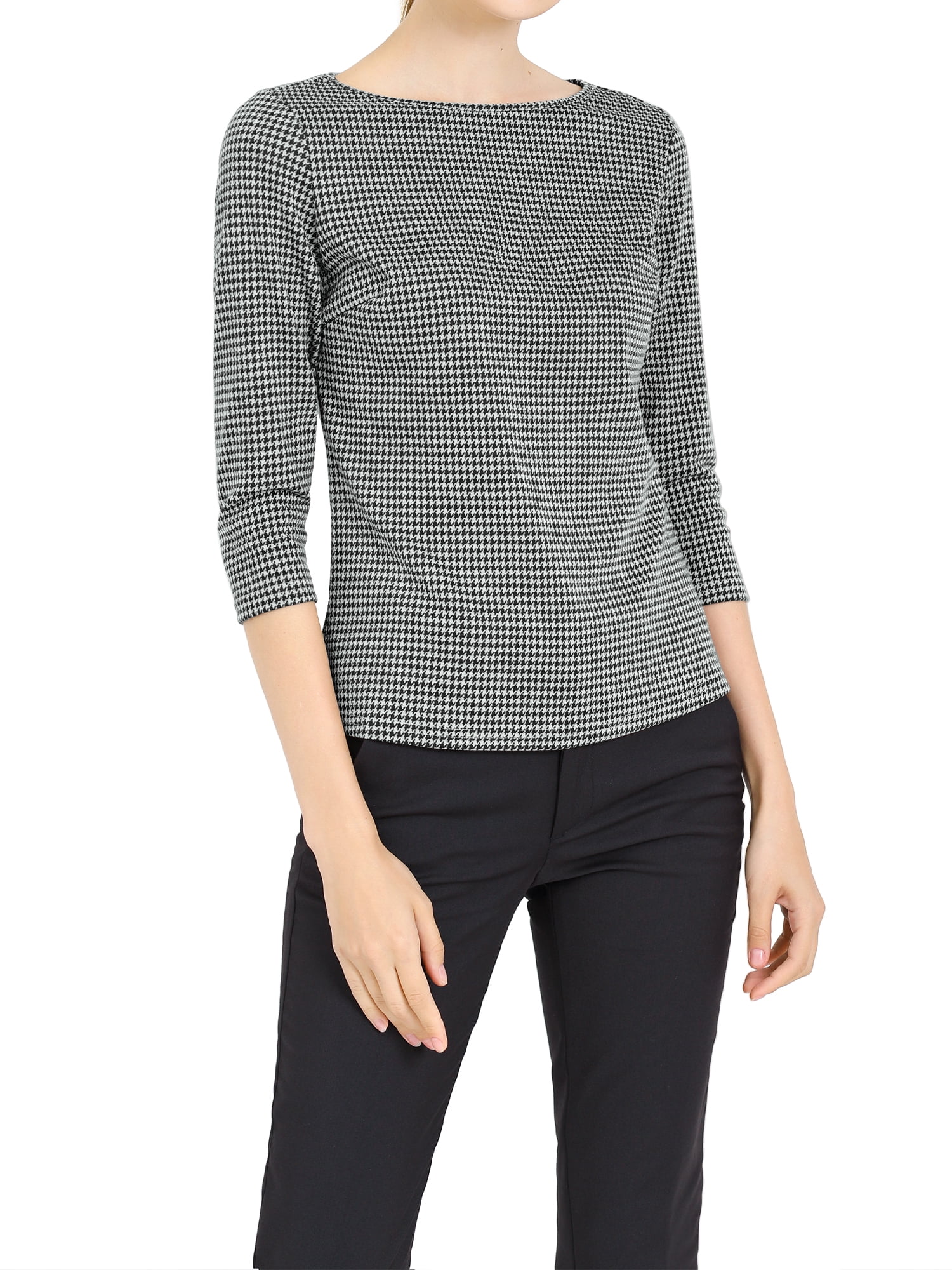 Unique Bargains Women's Work Office 3/4 Sleeve Boat Neck Houndstooth Top L Black