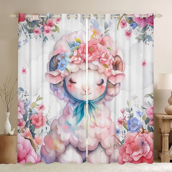 Castle Fairy Boys Girls Cartoon Floral Sheep Black Out Curtains,Kawaii Farmhouse Animal Curtains Pack of 2 (42x63 Each),Chic Flowers Blossoms Bedroom Curtains,Ultra Soft Home Decor