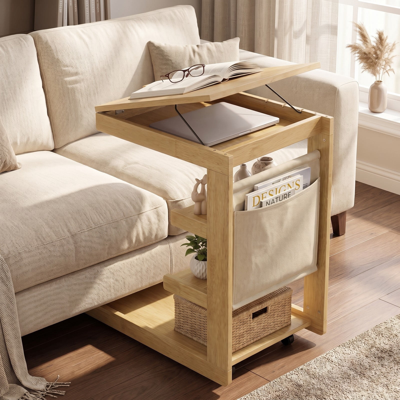 Furnibear C Shaped End Table with Wheels and Adjustable Tilt Desktop, Rolling Sofa Side Table with Hidden Storage and 3 Open Shelves for Couch Bedside Living, Natural