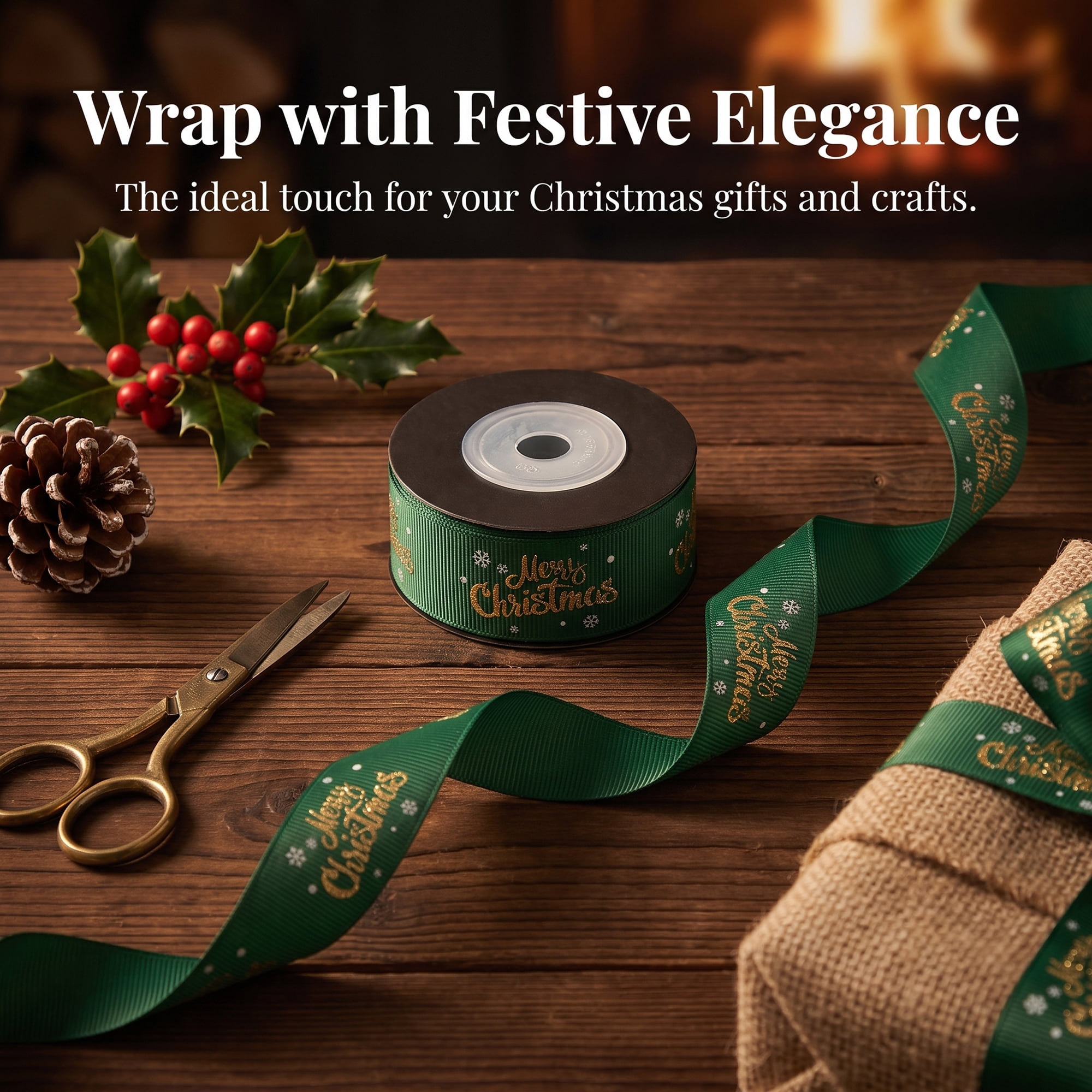 Unique Bargains Premium Fabric Ribbon for Gift Wrapping Green Christmas Patterns 5.5 Yard