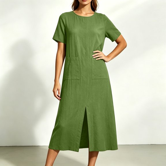 NTACZA Summer Dresses Slit Cotton Lien Round Neck Shift Midi Short Sleeve Solid Loose with Pockets Casual Vacation Beach Green L