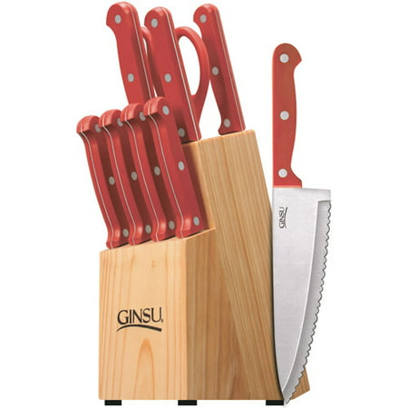 Ginsu Essential Series 10-Piece Stainless Steel Serrated Knife Set â Cutlery Set with Red Kitchen Knives in a Natural Block, GES-RD-DS-010-1