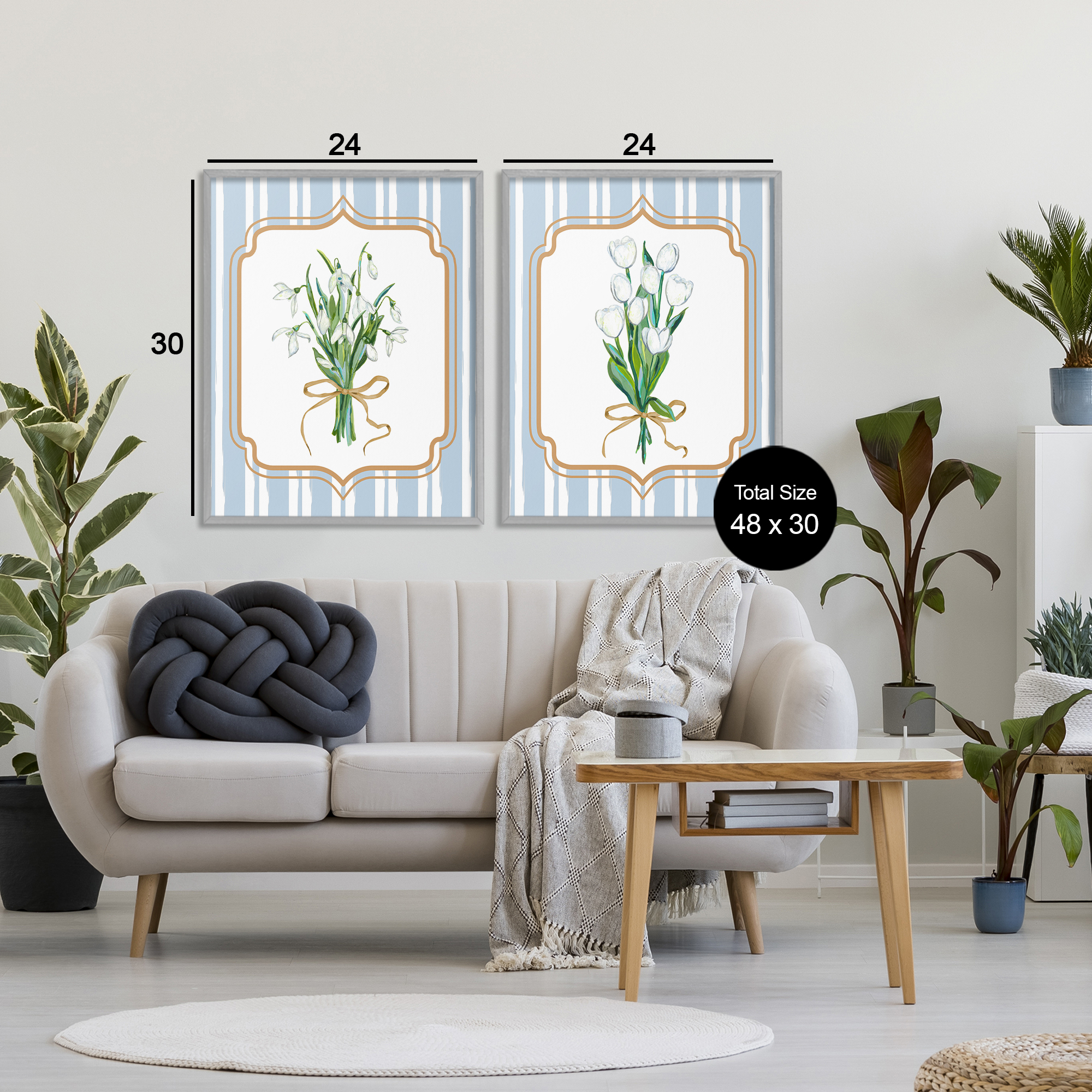 White Flowers Classic Stripes 2 Piece Gray Framed Giclee Art Set, design by Adonna Ebrahimi