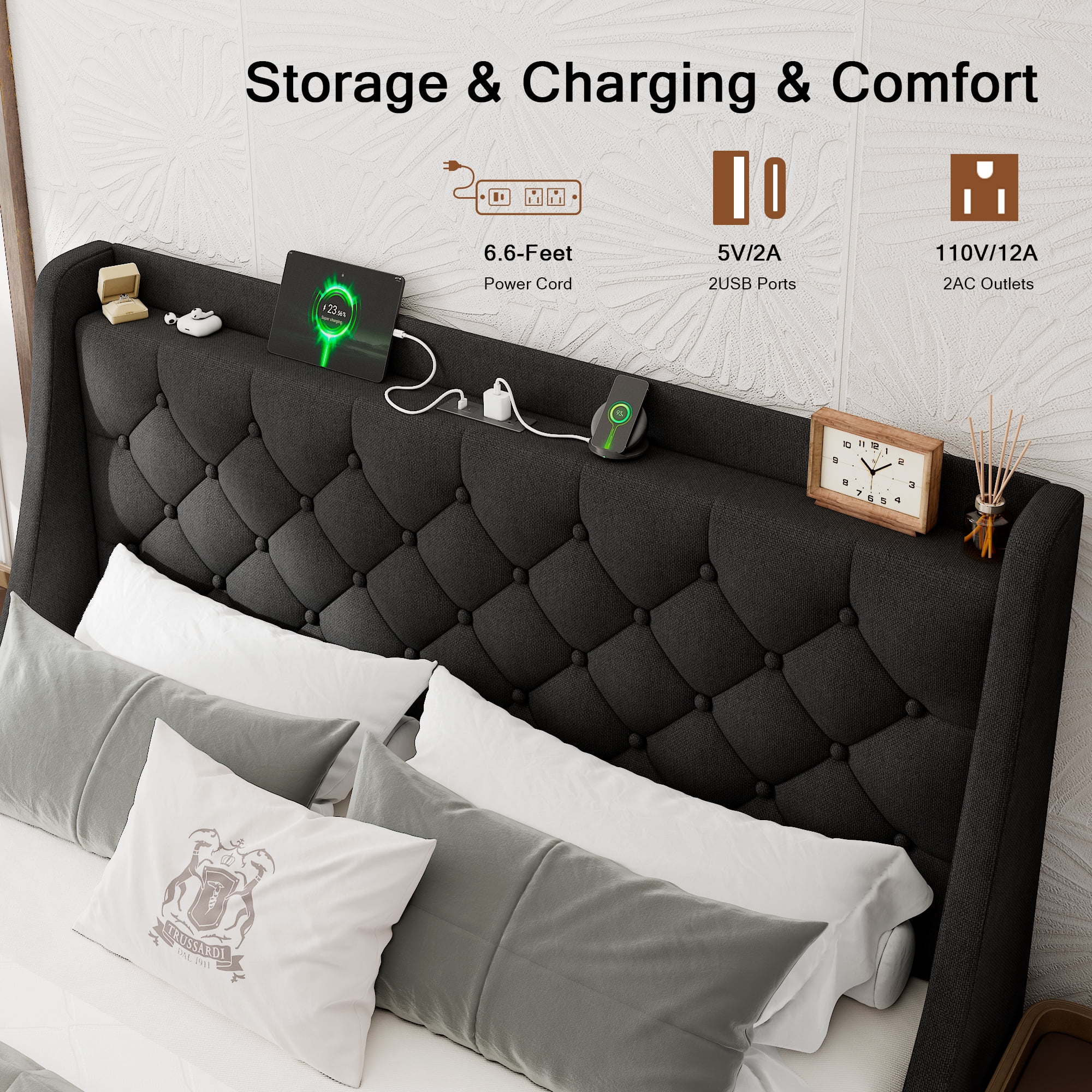 Honfach Queen Bed Frame with 4 Storage Drawers, Upholstered Storage Bed with Charging Station, Wingback Storage Headboard, No Box Spring Needed,Black