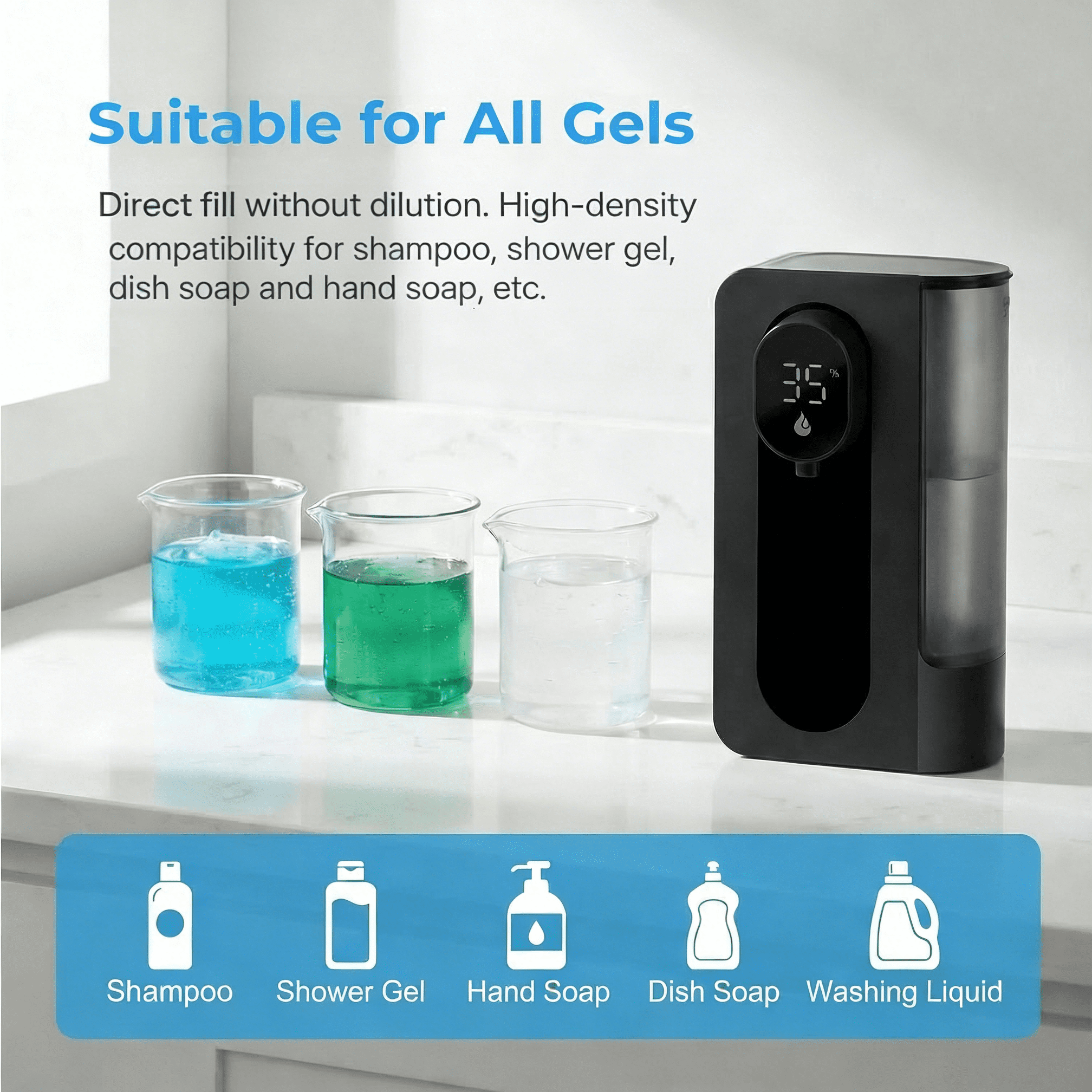 WANALIT Automatic Soap Dispenser Touchless, 500ML Gel Hand Soap Dispenser for Kitchen & Bathroom Sink, Digital Display, 3 Adjustable Levels, Rechargeable Countertop Soap Dispenser, Black