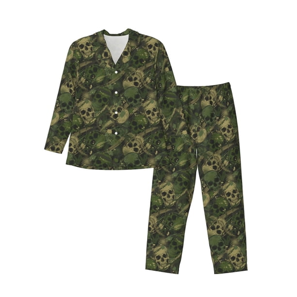 Fotbe Green Camouflage Skull Pijama de Hombre con Estampado de Manga Larga, Conjunto de 2 Piezas, Ropa de Dormir Suave y Cómoda con Bolsillos-Large