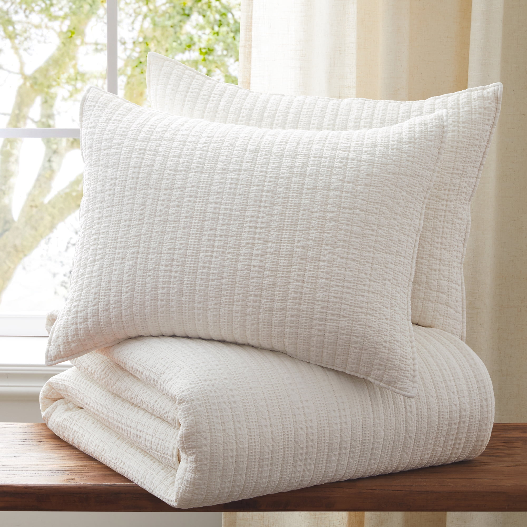Levtex Home - Loden Quilt Set - King Quilt and Two King Shams - Textured Waffle - Cream - Quilt (106x92in.) and Shams (20x36in.) - Reversible - Cotton